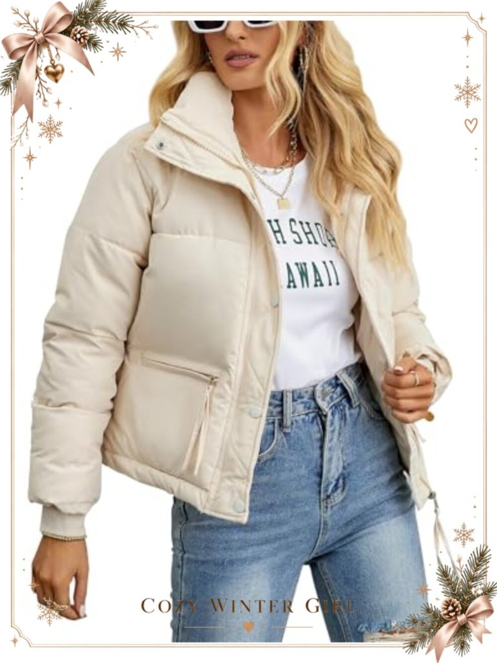 Womens Cropped Puffer Jacket Full Zip Quilted Warm Winter Coat with Pockets